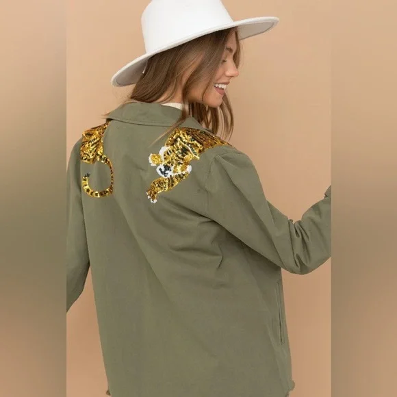 {SOLD} SEQUIN TIGER CARGO POCKET FRONT UTILITY JACKET - OLIVE - Picture 2 of 12